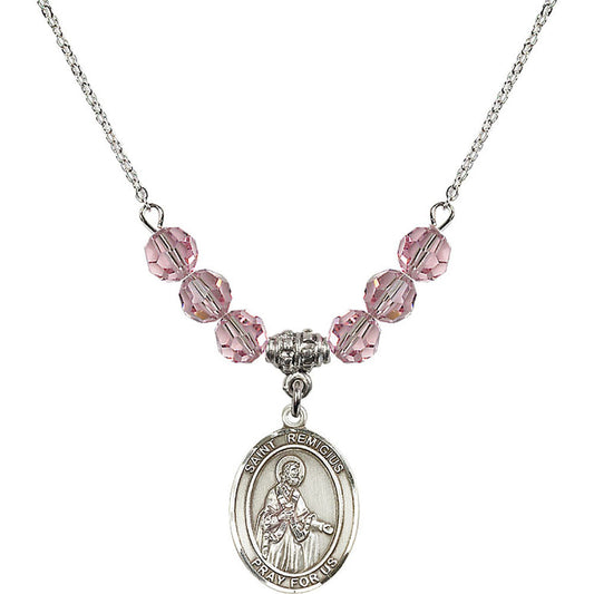 Sterling Silver Saint Remigius of Reims Birthstone Necklace with Light Rose Beads - 8274