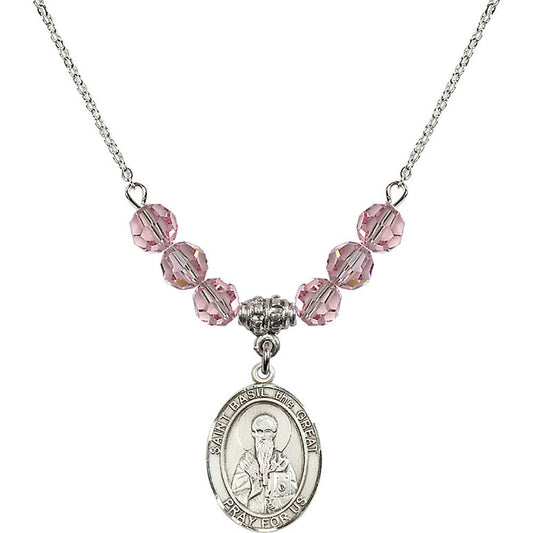 Sterling Silver Saint Basil the Great Birthstone Necklace with Light Rose Beads - 8275