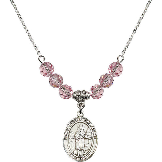 Sterling Silver Saint Isidore the Farmer Birthstone Necklace with Light Rose Beads - 8276