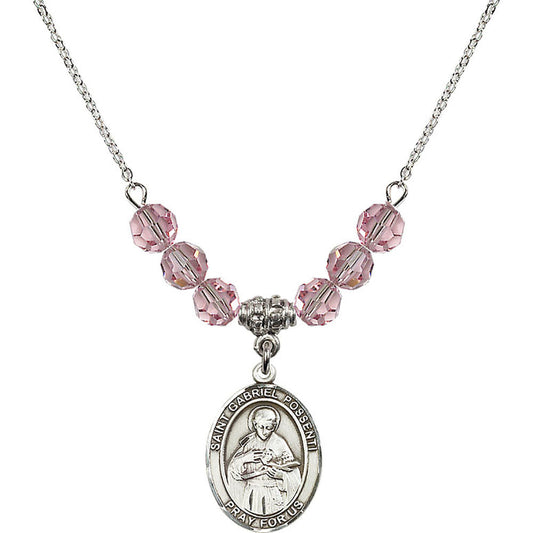 Sterling Silver Saint Gabriel Possenti Birthstone Necklace with Light Rose Beads - 8279