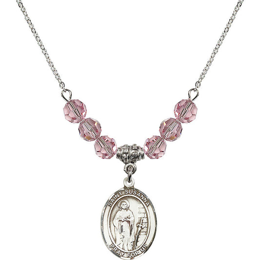Sterling Silver Saint Susanna Birthstone Necklace with Light Rose Beads - 8280