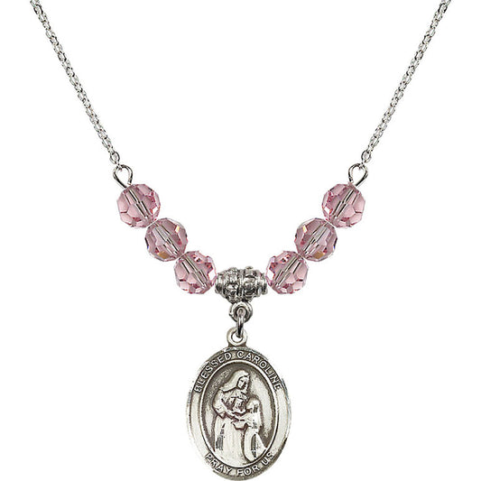 Sterling Silver Blessed Caroline Gerhardinger Birthstone Necklace with Light Rose Beads - 8281