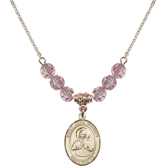 14kt Gold Filled Saint John Vianney Birthstone Necklace with Light Rose Beads - 8282