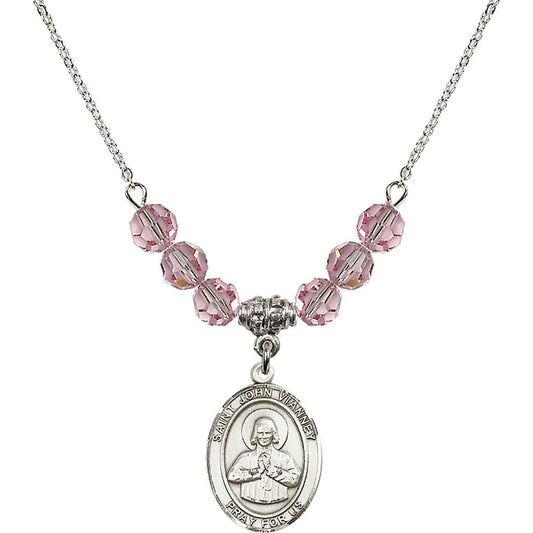 Sterling Silver Saint John Vianney Birthstone Necklace with Light Rose Beads - 8282