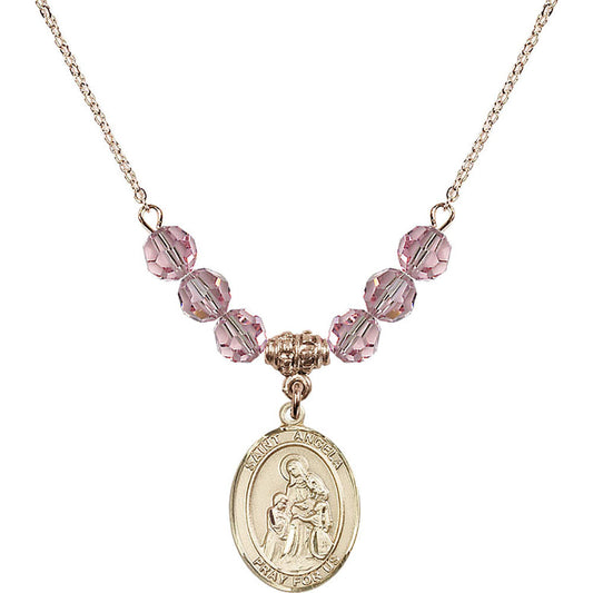 14kt Gold Filled Saint Angela Merici Birthstone Necklace with Light Rose Beads - 8284