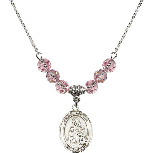 Sterling Silver Saint Angela Merici Birthstone Necklace with Light Rose Beads - 8284