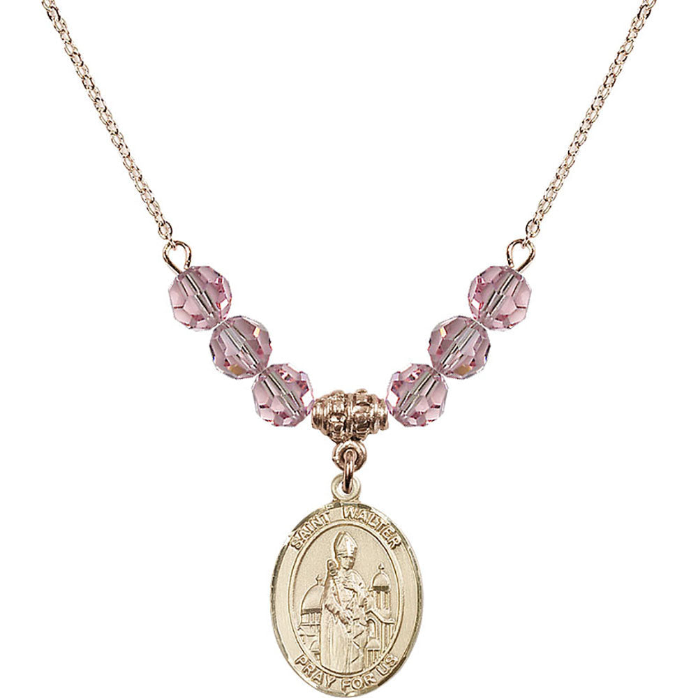 14kt Gold Filled Saint Walter of Pontoise Birthstone Necklace with Light Rose Beads - 8285