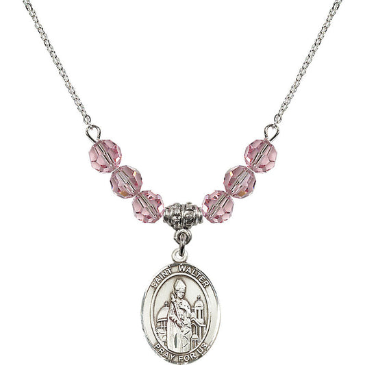 Sterling Silver Saint Walter of Pontoise Birthstone Necklace with Light Rose Beads - 8285