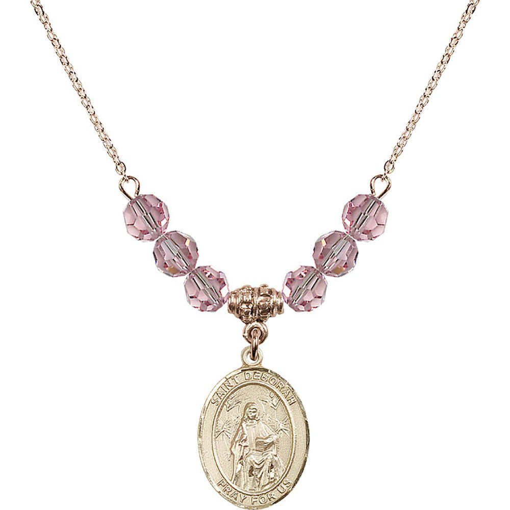 14kt Gold Filled Saint Deborah Birthstone Necklace with Light Rose Beads - 8286