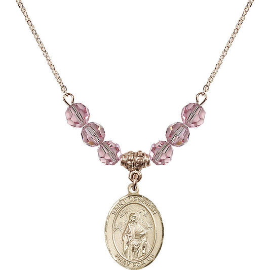 14kt Gold Filled Saint Deborah Birthstone Necklace with Light Rose Beads - 8286