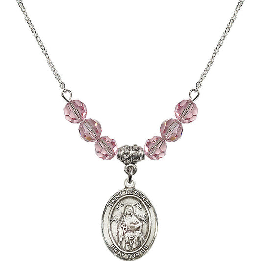 Sterling Silver Saint Deborah Birthstone Necklace with Light Rose Beads - 8286