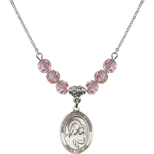 Sterling Silver Our Lady of Good Counsel Birthstone Necklace with Light Rose Beads - 8287