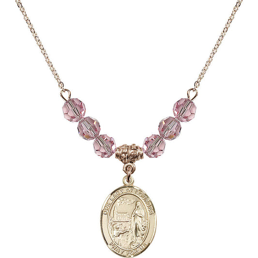 14kt Gold Filled Our Lady of Lourdes Birthstone Necklace with Light Rose Beads - 8288