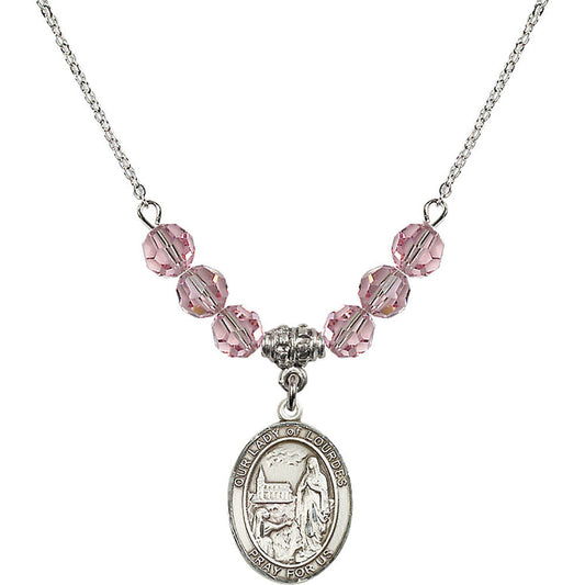 Sterling Silver Our Lady of Lourdes Birthstone Necklace with Light Rose Beads - 8288
