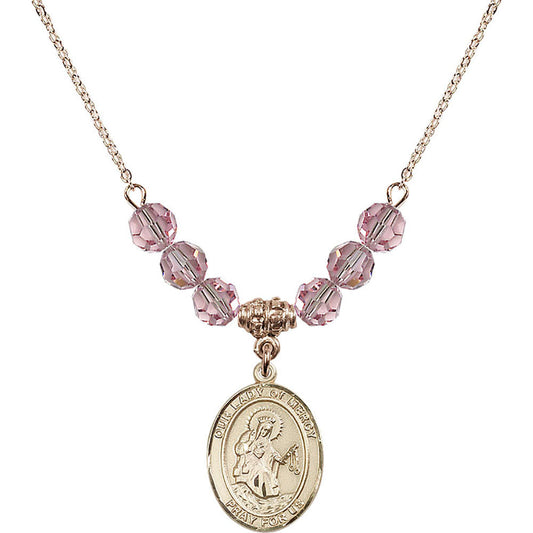 14kt Gold Filled Our Lady of Mercy Birthstone Necklace with Light Rose Beads - 8289