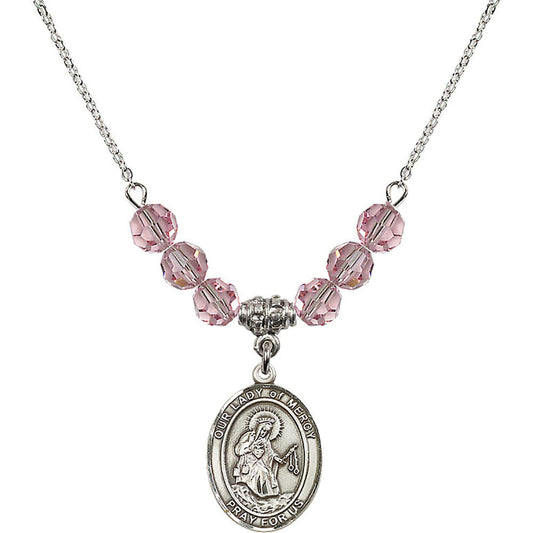 Sterling Silver Our Lady of Mercy Birthstone Necklace with Light Rose Beads - 8289
