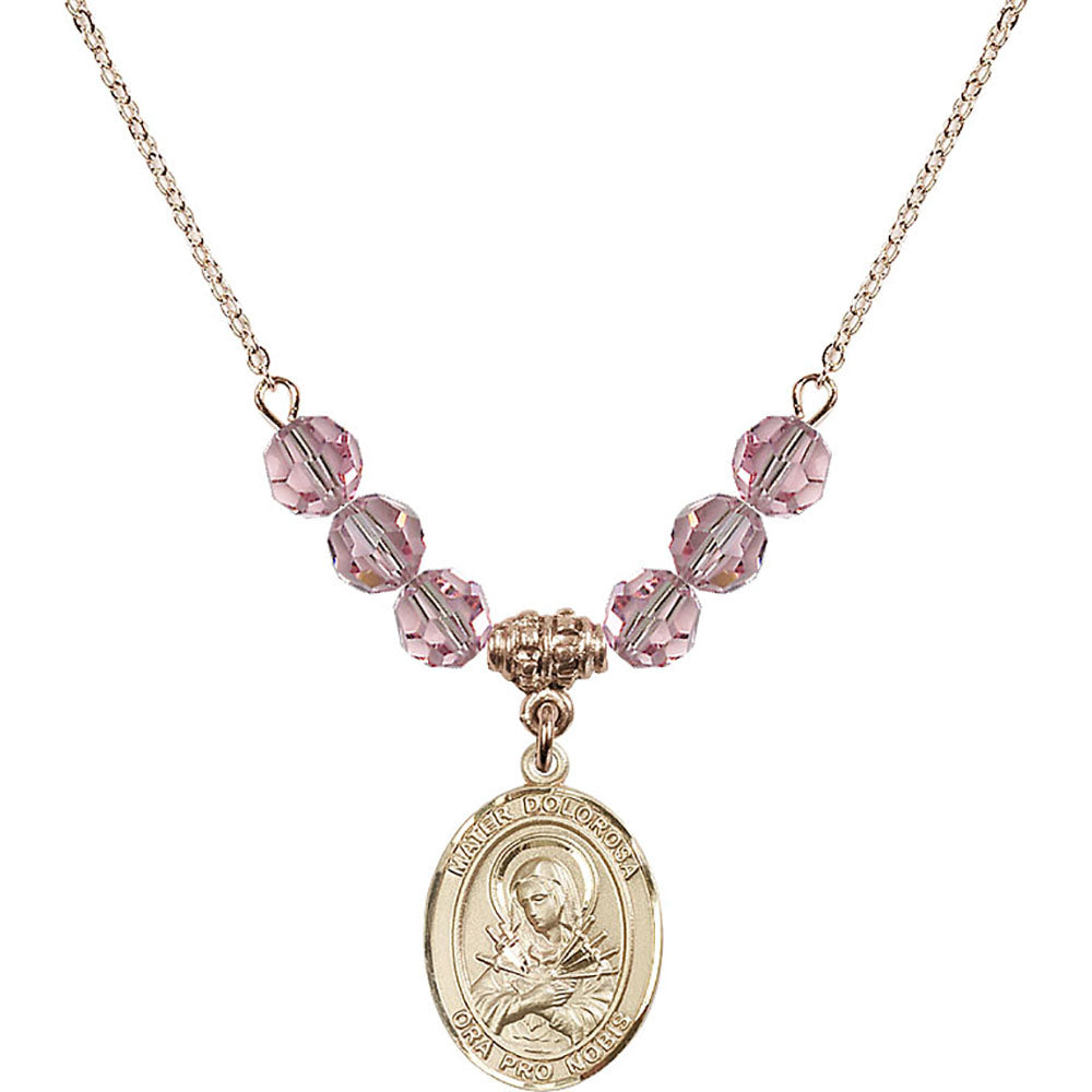 14kt Gold Filled Mater Dolorosa Birthstone Necklace with Light Rose Beads - 8290