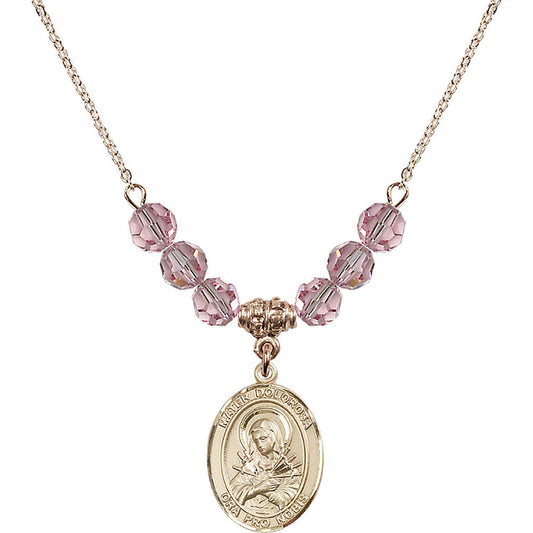 14kt Gold Filled Mater Dolorosa Birthstone Necklace with Light Rose Beads - 8290