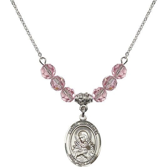 Sterling Silver Mater Dolorosa Birthstone Necklace with Light Rose Beads - 8290