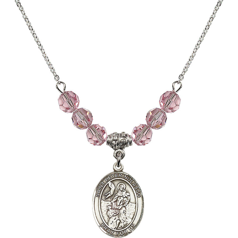 Sterling Silver Saint Peter Nolasco Birthstone Necklace with Light Rose Beads - 8291