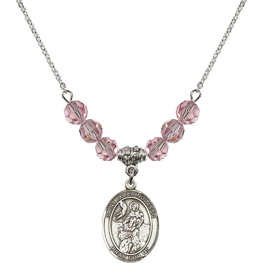 Sterling Silver Saint Peter Nolasco Birthstone Necklace with Light Rose Beads - 8291