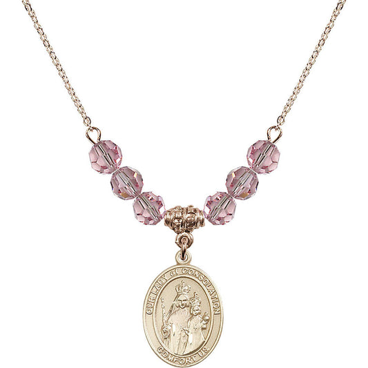 14kt Gold Filled Our Lady of Consolation Birthstone Necklace with Light Rose Beads - 8292