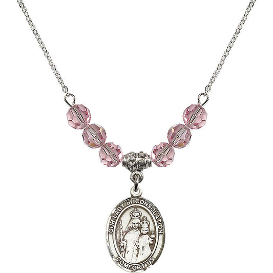Sterling Silver Our Lady of Consolation Birthstone Necklace with Light Rose Beads - 8292