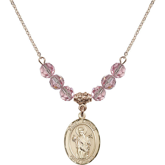 14kt Gold Filled Saint Aedan of Ferns Birthstone Necklace with Light Rose Beads - 8293
