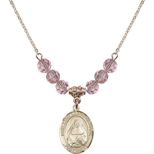 14kt Gold Filled Saint Marie Magdalen Postel Birthstone Necklace with Light Rose Beads - 8294