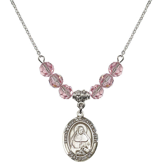 Sterling Silver Saint Marie Magdalen Postel Birthstone Necklace with Light Rose Beads - 8294