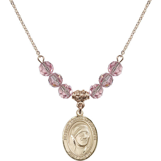 14kt Gold Filled Saint Teresa of Calcutta Birthstone Necklace with Light Rose Beads - 8295