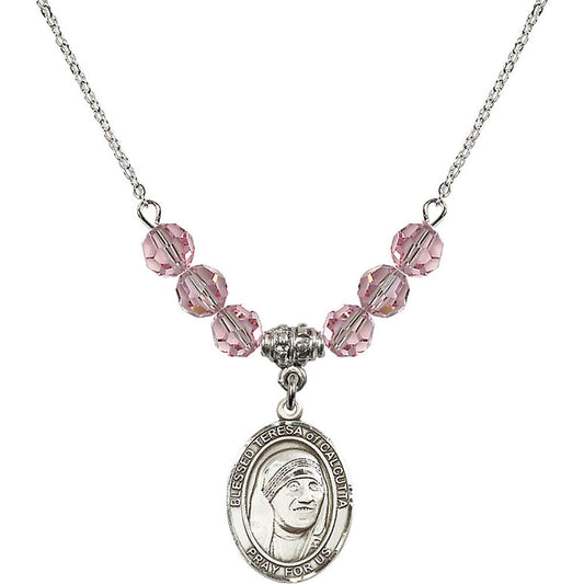 Sterling Silver Saint Teresa of Calcutta Birthstone Necklace with Light Rose Beads - 8295