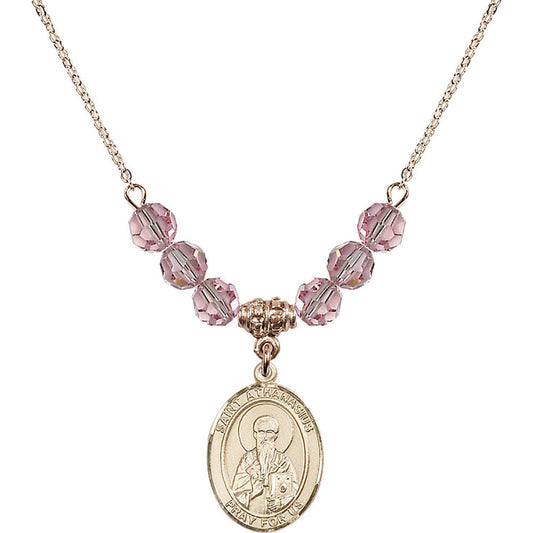 14kt Gold Filled Saint Athanasius Birthstone Necklace with Light Rose Beads - 8296