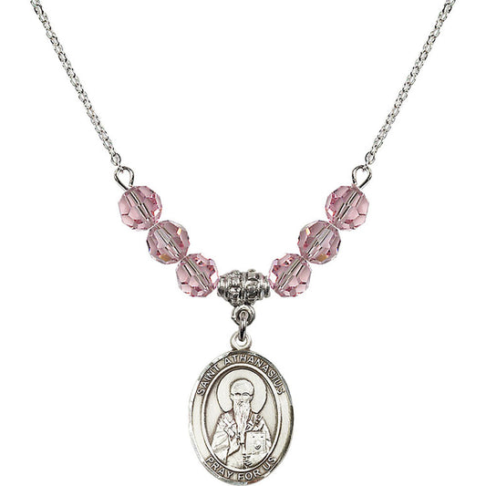 Sterling Silver Saint Athanasius Birthstone Necklace with Light Rose Beads - 8296