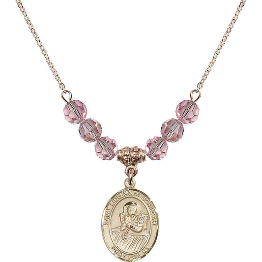 14kt Gold Filled Saint Lidwina of Schiedam Birthstone Necklace with Light Rose Beads - 8297