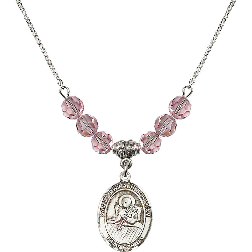 Sterling Silver Saint Lidwina of Schiedam Birthstone Necklace with Light Rose Beads - 8297