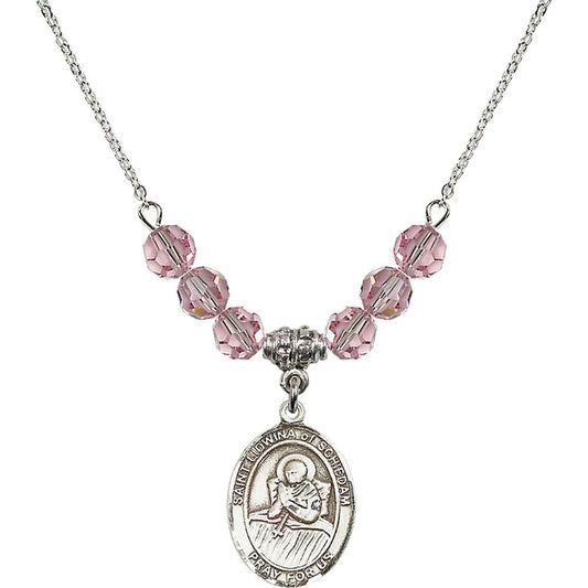 Sterling Silver Saint Lidwina of Schiedam Birthstone Necklace with Light Rose Beads - 8297