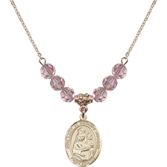 14kt Gold Filled Our Lady of Prompt Succor Birthstone Necklace with Light Rose Beads - 8299