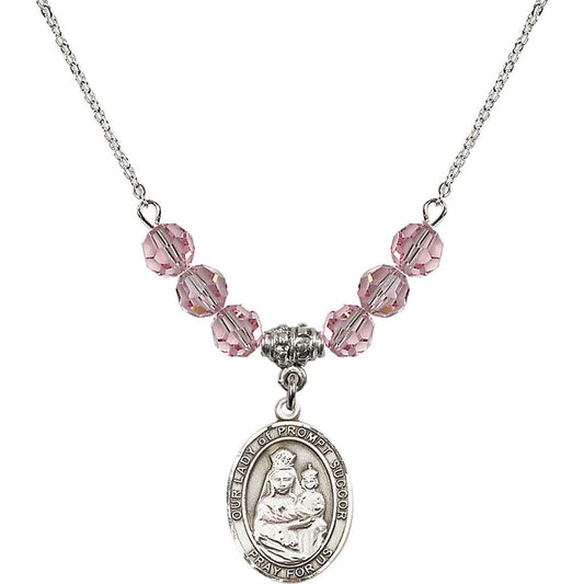 Sterling Silver Our Lady of Prompt Succor Birthstone Necklace with Light Rose Beads - 8299