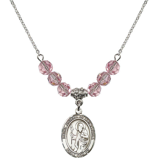 Sterling Silver Saint Joseph of Arimathea Birthstone Necklace with Light Rose Beads - 8300