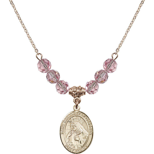 14kt Gold Filled Saint Margaret of Cortona Birthstone Necklace with Light Rose Beads - 8301