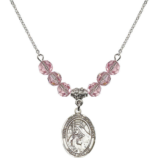 Sterling Silver Saint Margaret of Cortona Birthstone Necklace with Light Rose Beads - 8301