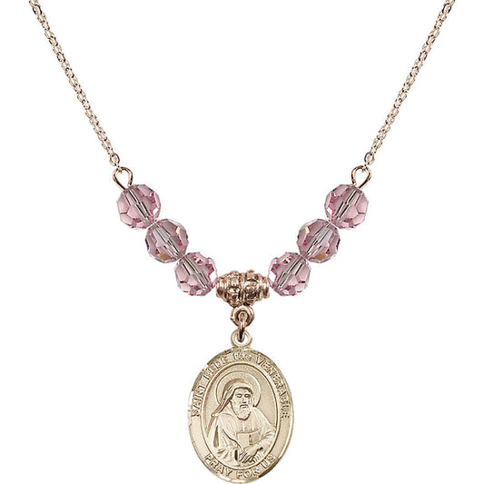 14kt Gold Filled Saint Bede the Venerable Birthstone Necklace with Light Rose Beads - 8302