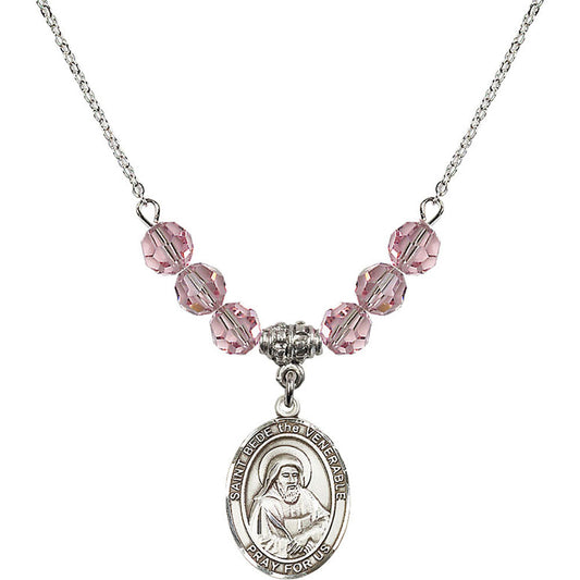 Sterling Silver Saint Bede the Venerable Birthstone Necklace with Light Rose Beads - 8302