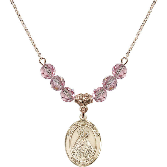 14kt Gold Filled Our Lady of Olives Birthstone Necklace with Light Rose Beads - 8303