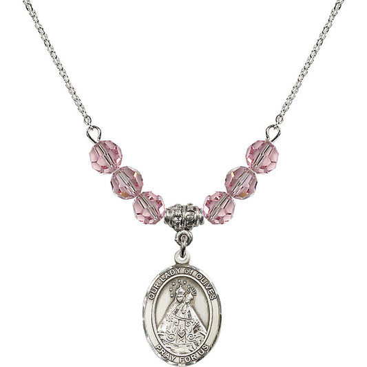 Sterling Silver Our Lady of Olives Birthstone Necklace with Light Rose Beads - 8303