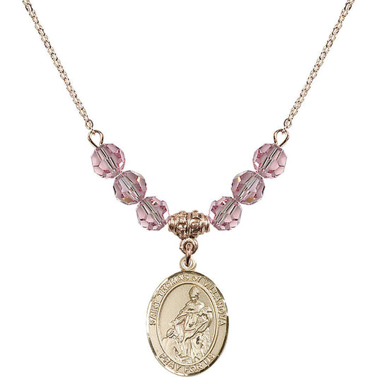 14kt Gold Filled Saint Thomas of Villanova Birthstone Necklace with Light Rose Beads - 8304