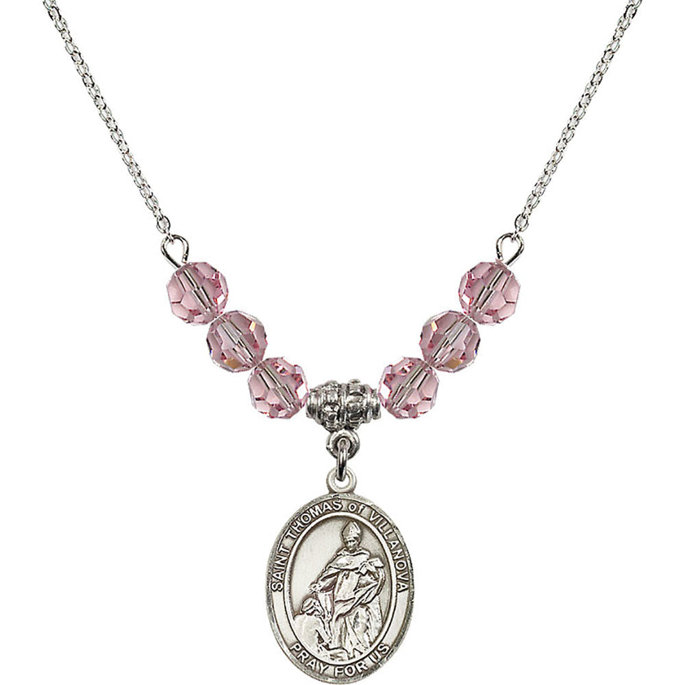 Sterling Silver Saint Thomas of Villanova Birthstone Necklace with Light Rose Beads - 8304
