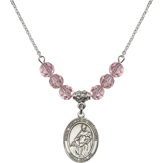 Sterling Silver Saint Thomas of Villanova Birthstone Necklace with Light Rose Beads - 8304