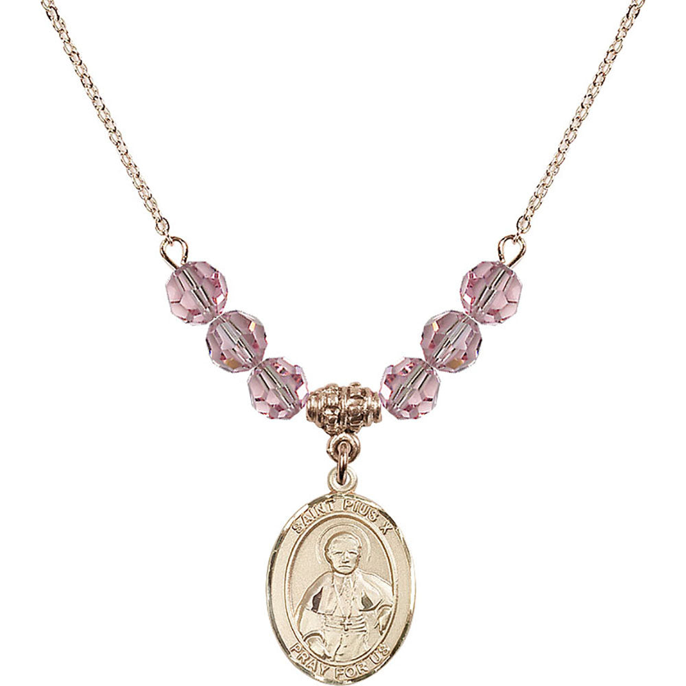 14kt Gold Filled Saint Pius X Birthstone Necklace with Light Rose Beads - 8305